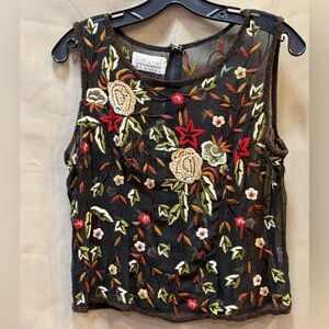 Mark & John by GOPAL Black Silk Crepe Sleeveless Top w/Beading & Embroidery